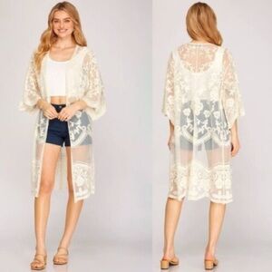 June Ivy White Floral Lace Embroidered Duster Kimono XL